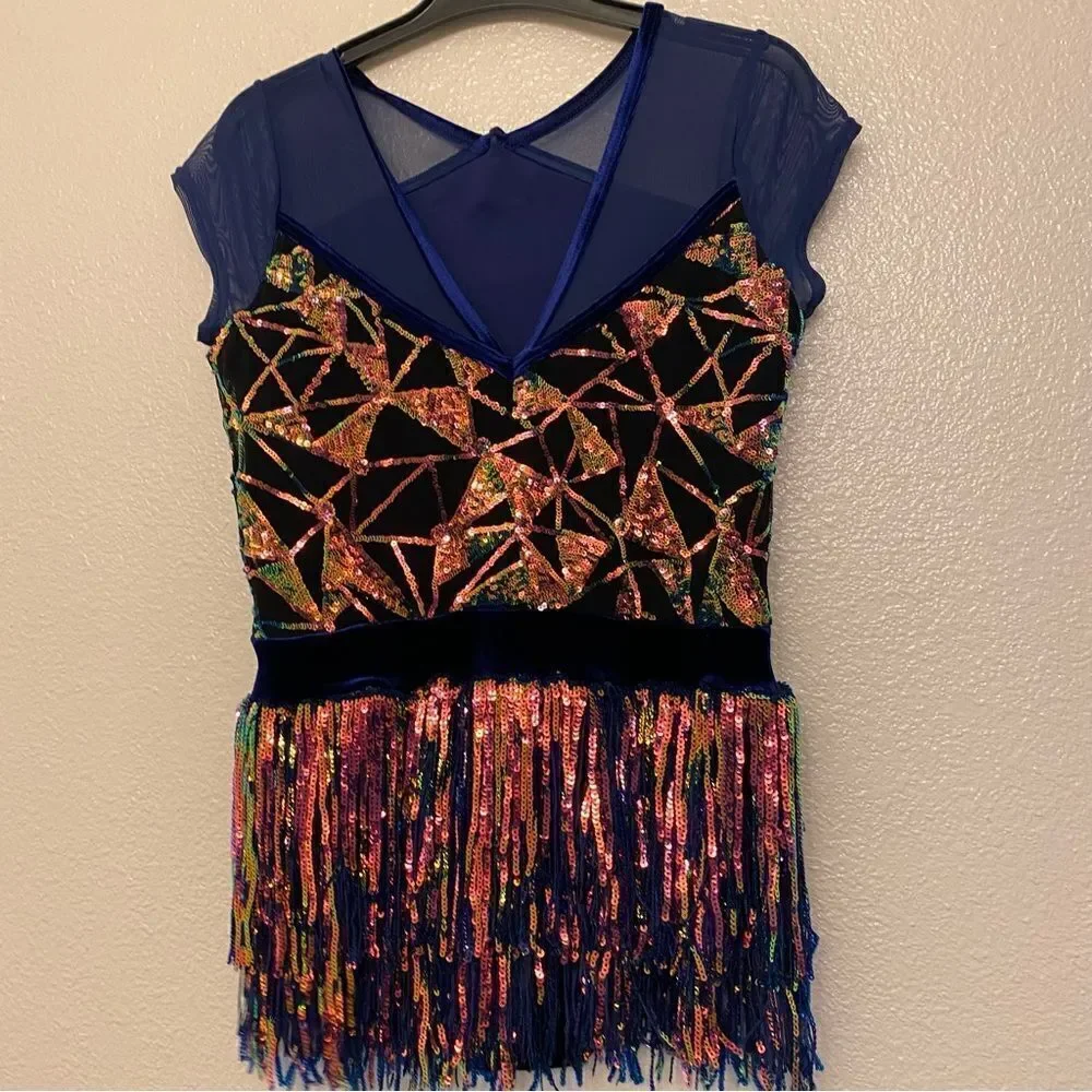 Weissman Dance costume blue sassy fringe sequin dress Misbehave 16291 child XLC